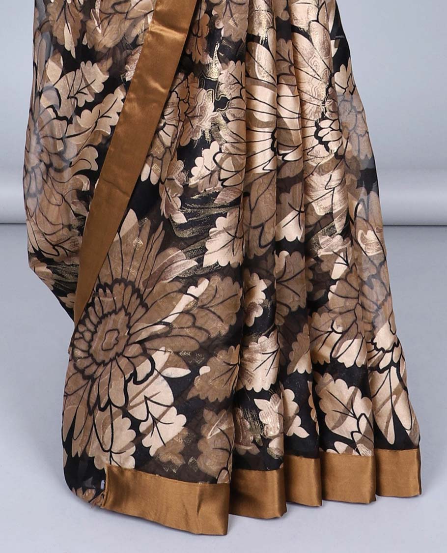 Brown floral motifs printed casual wear saree, contrast plain border