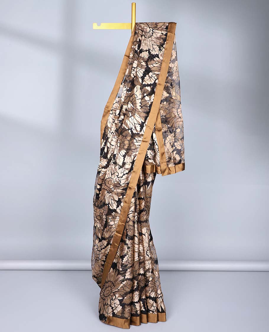 Brown floral motifs printed casual wear saree, contrast plain border