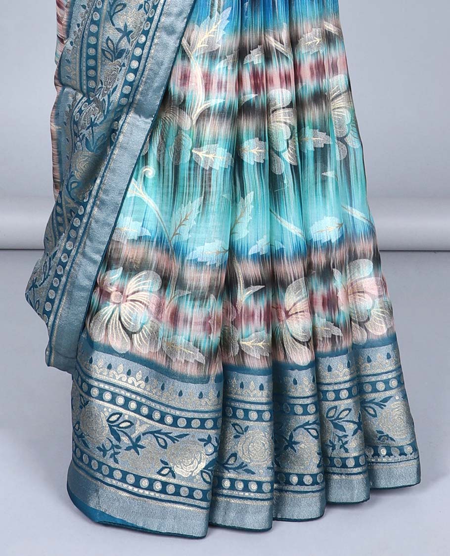 Multi-color abstract & floral printed casual wear saree, contrast border & pallu of floral & geometric patterns
