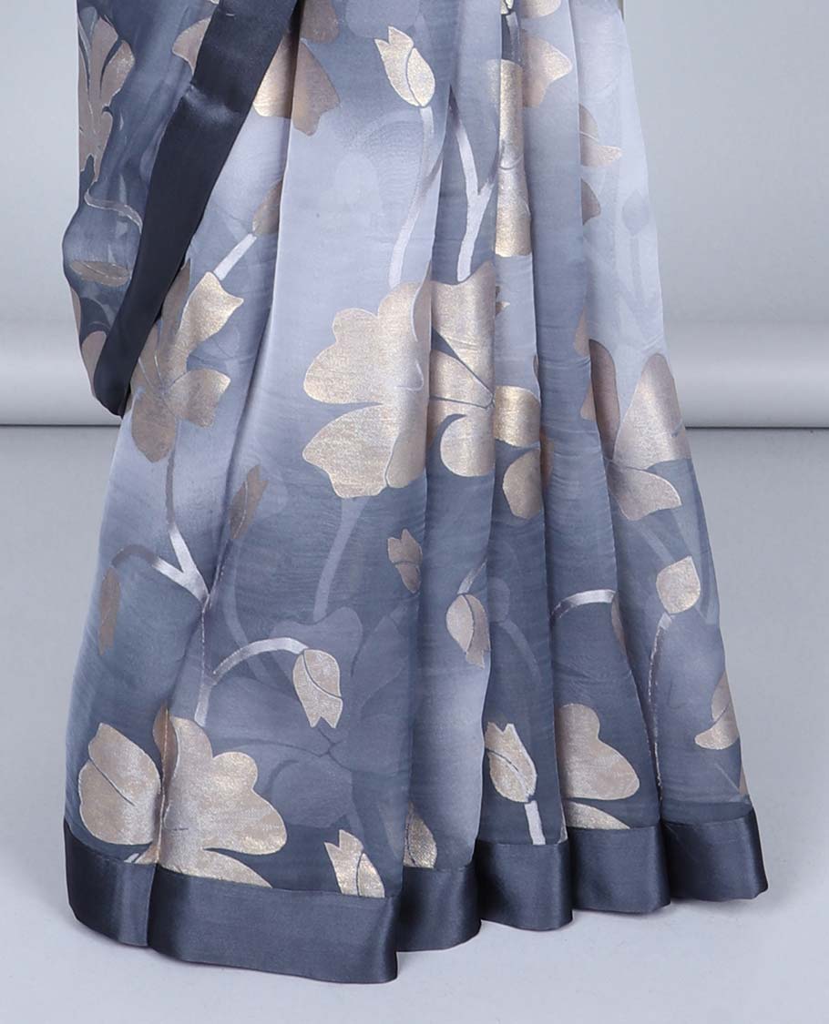 Grey abstract floral printed casual wear saree, plain border