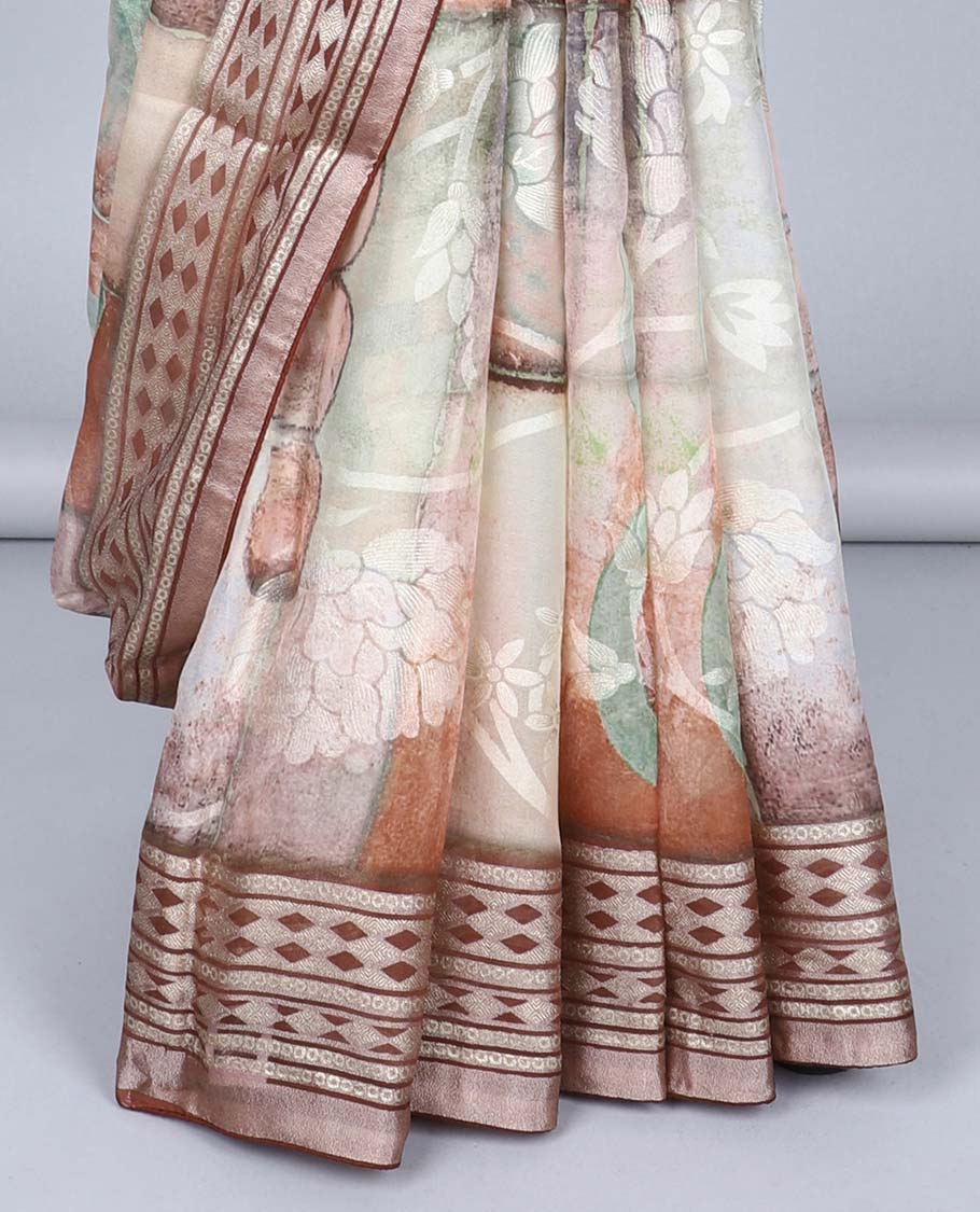 Multi-color uniquely floral design casual wear saree, contrast border & pallu of geometric patterns