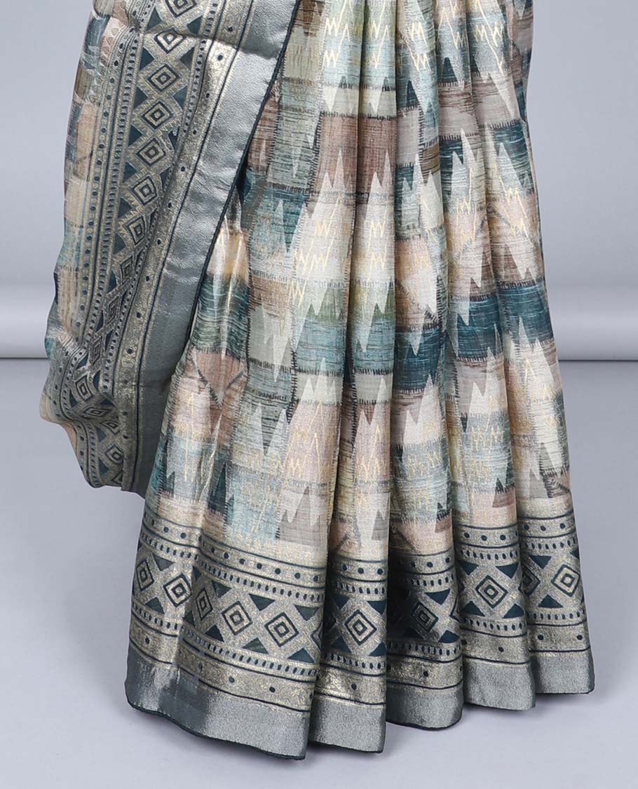 Multi-color geometric printed casual wear saree, self-border & pallu features geometric patterns