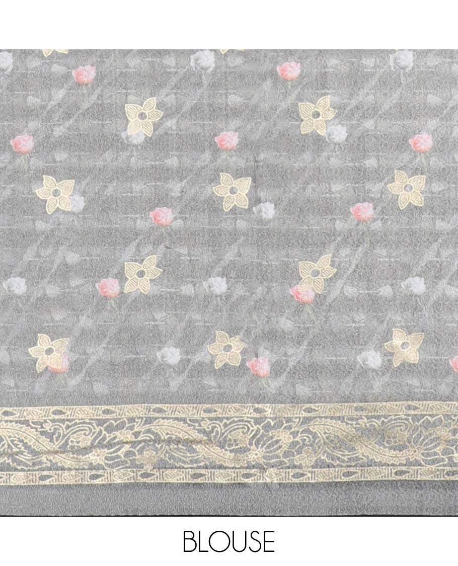 Grey abstract floral printed & chevron striped casual wear saree, floral creeper border & floral design pallu