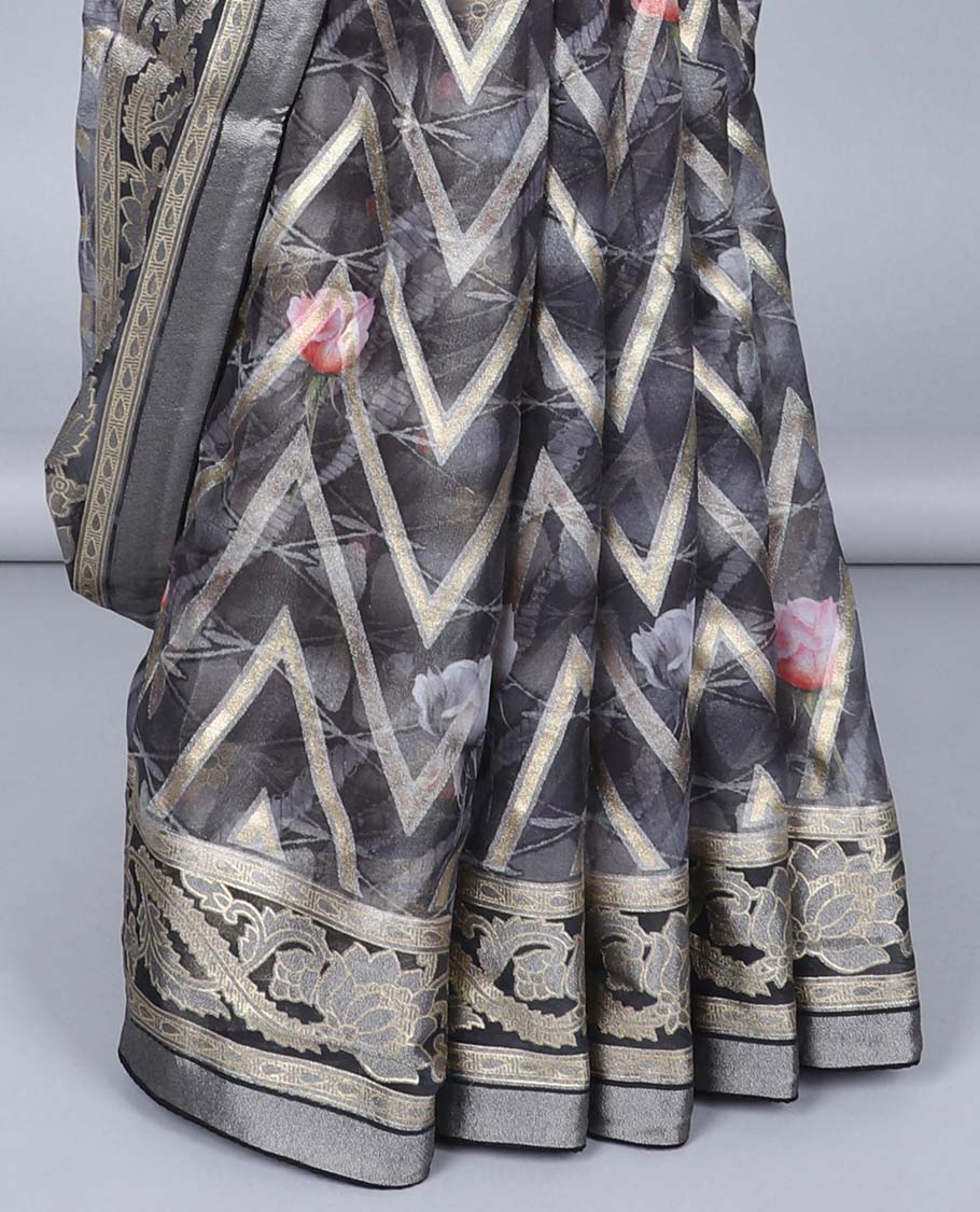 Grey abstract floral printed & chevron striped casual wear saree, floral creeper border & floral design pallu