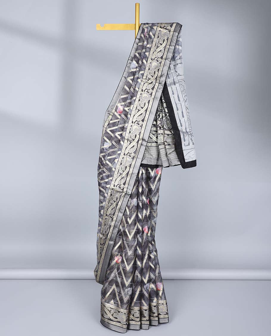 Grey abstract floral printed & chevron striped casual wear saree, floral creeper border & floral design pallu