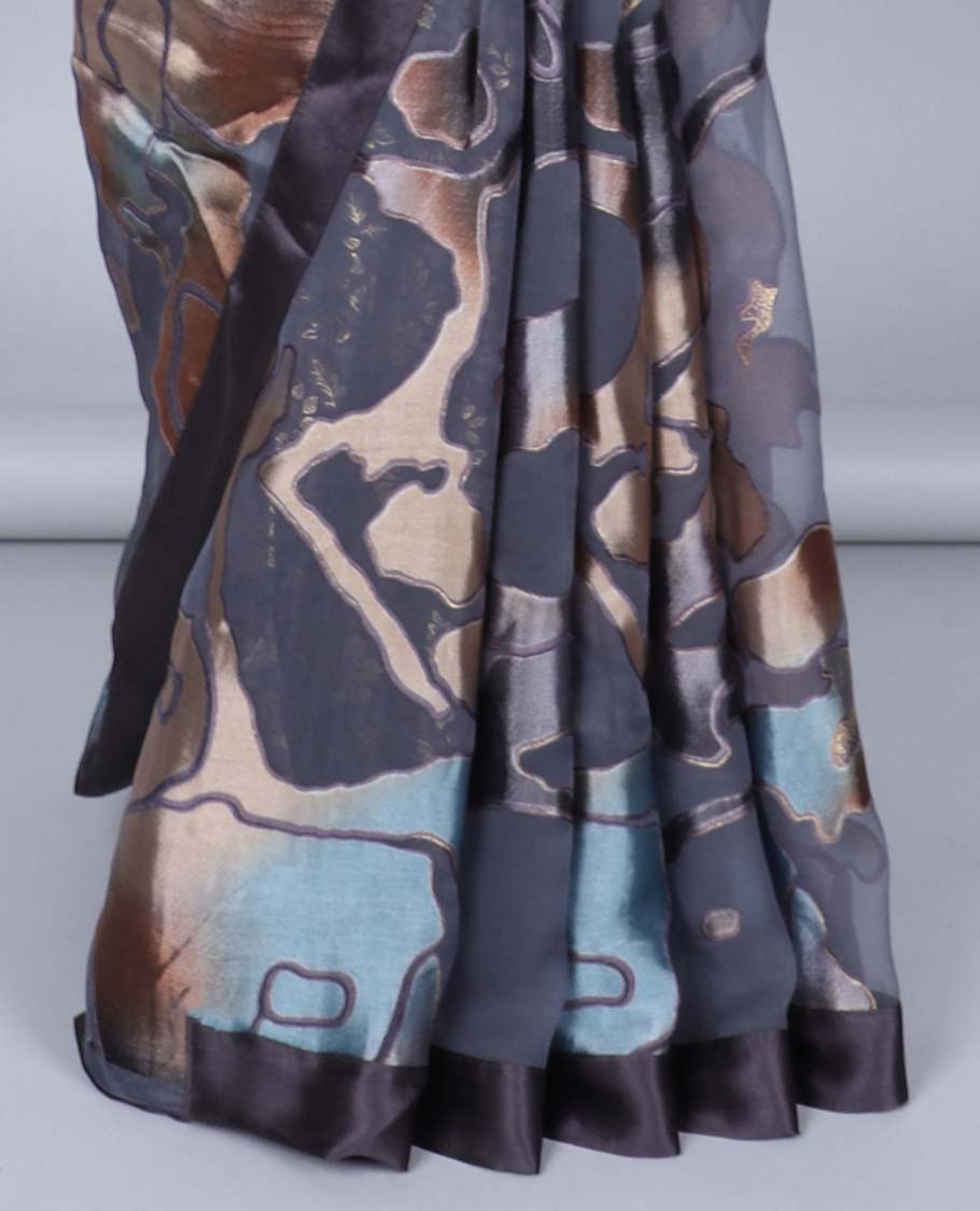Grey abstract printed casual wear saree, contrast plain border