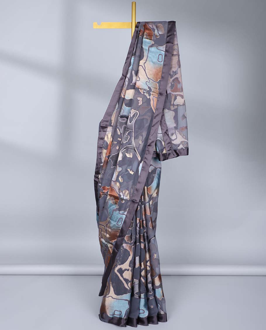 Grey abstract printed casual wear saree, contrast plain border