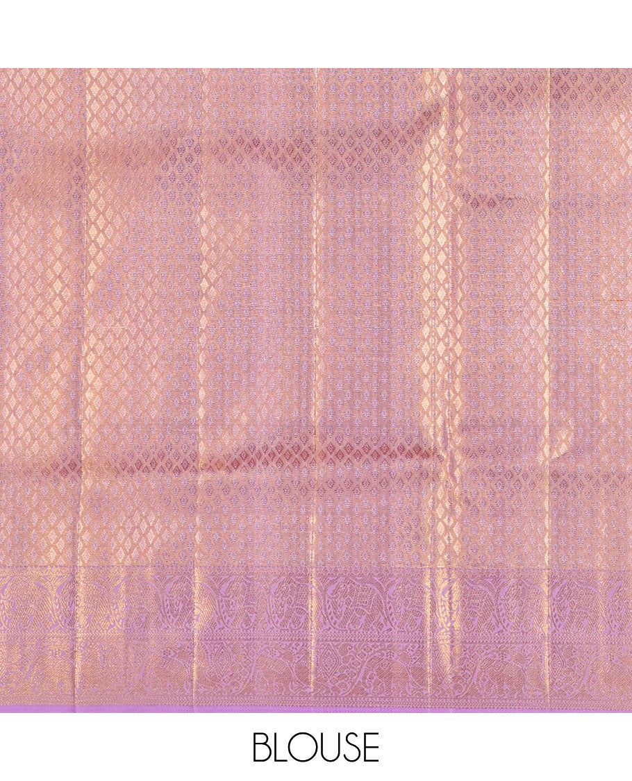 Pink jacquard silk saree, contrast diagonal striped pallu & border of banaras,kathir,kodi yaanai & mayil