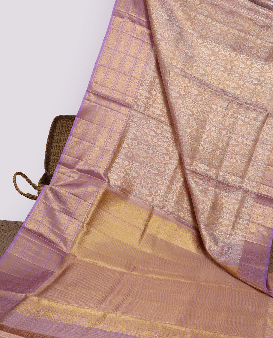 Pink jacquard silk saree, contrast diagonal striped pallu & border of banaras,kathir,kodi yaanai & mayil