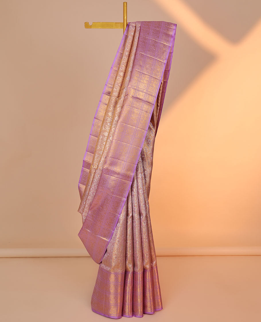 Pink jacquard silk saree, contrast diagonal striped pallu & border of banaras,kathir,kodi yaanai & mayil