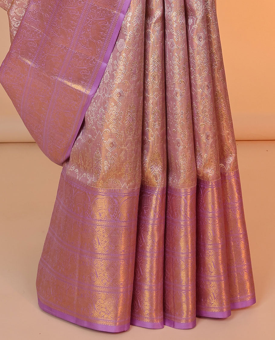 Pink jacquard silk saree, contrast diagonal striped pallu & border of banaras,kathir,kodi yaanai & mayil