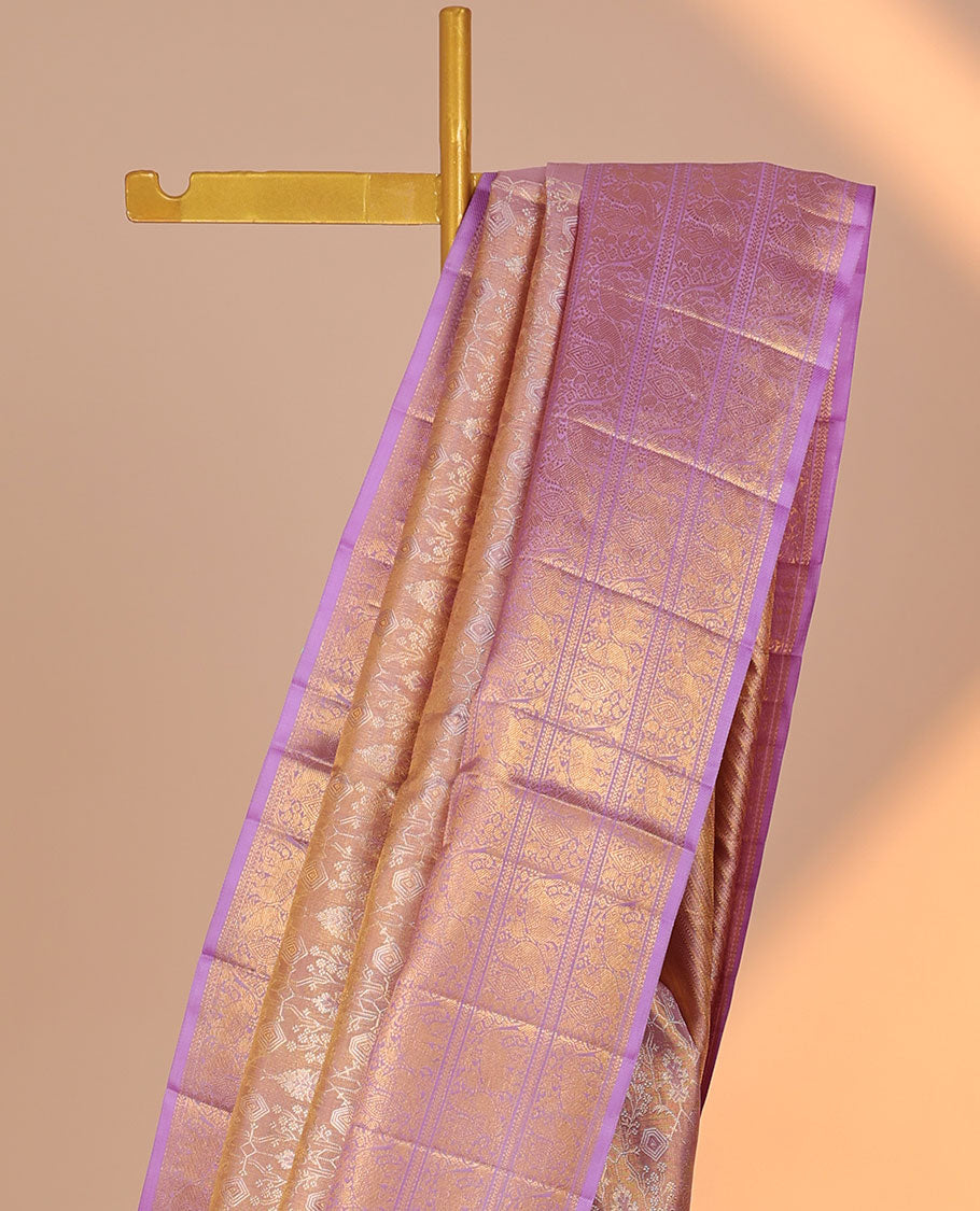 Pink jacquard silk saree, contrast diagonal striped pallu & border of banaras,kathir,kodi yaanai & mayil