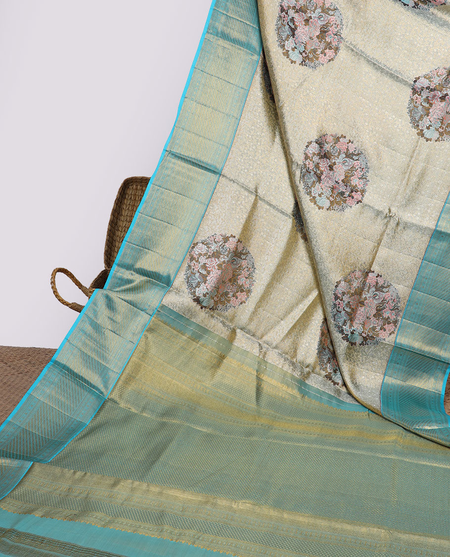 Grey meenakari floral jacquard silk saree, contrast intricate pallu & border of banaras,muthu,kamalam & poun
