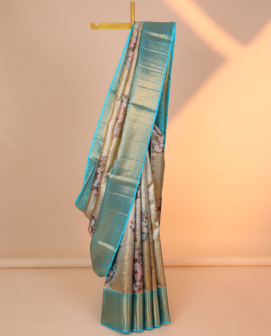 Grey meenakari floral jacquard silk saree, contrast intricate pallu & border of banaras,muthu,kamalam & poun
