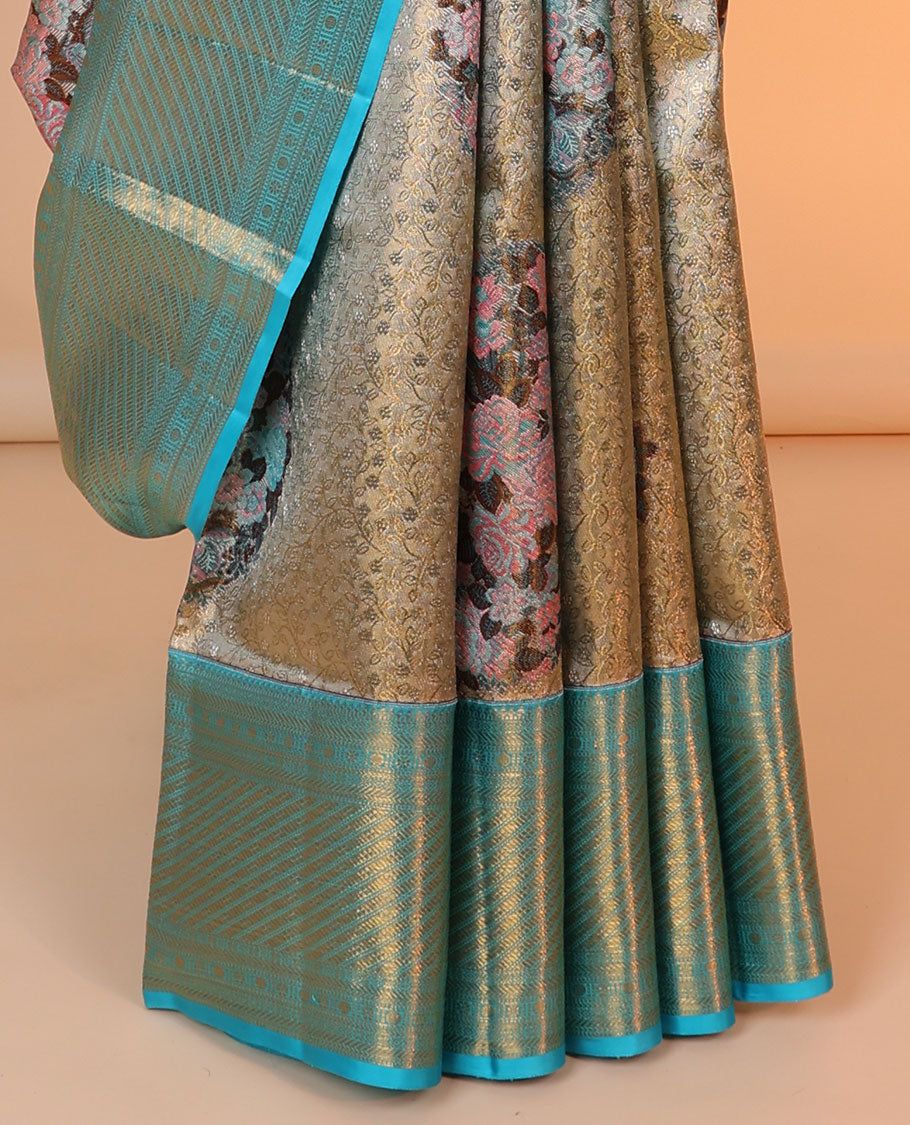Grey meenakari floral jacquard silk saree, contrast intricate pallu & border of banaras,muthu,kamalam & poun