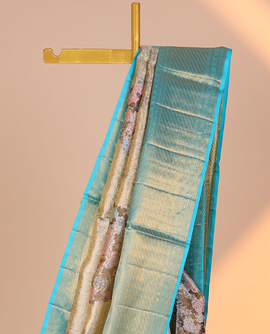 Grey meenakari floral jacquard silk saree, contrast intricate pallu & border of banaras,muthu,kamalam & poun