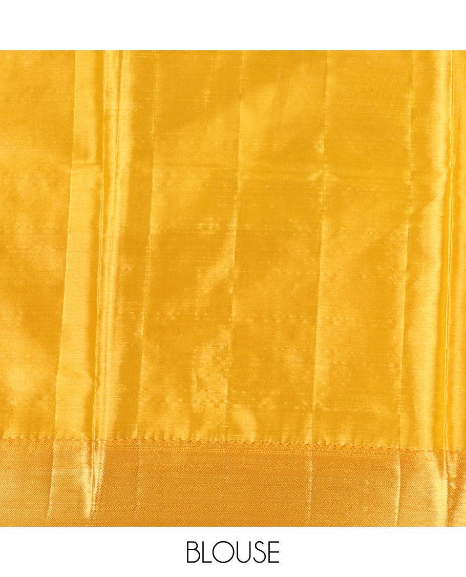 Yellow floral jacquard silk saree, contrast intricate pallu & border of diamond,kathir,mayil kann,jadai nagam & chakram