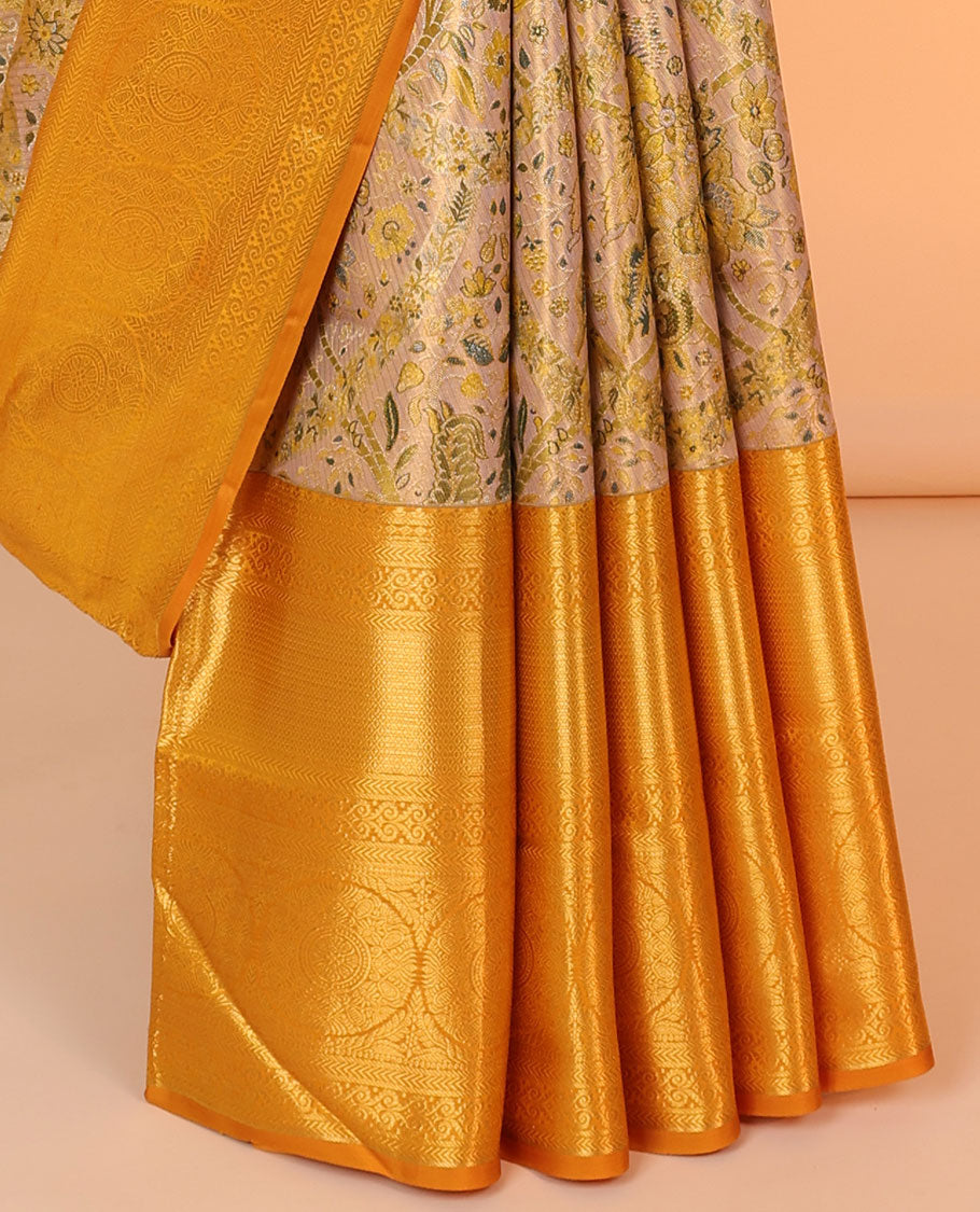 Yellow floral jacquard silk saree, contrast intricate pallu & border of diamond,kathir,mayil kann,jadai nagam & chakram