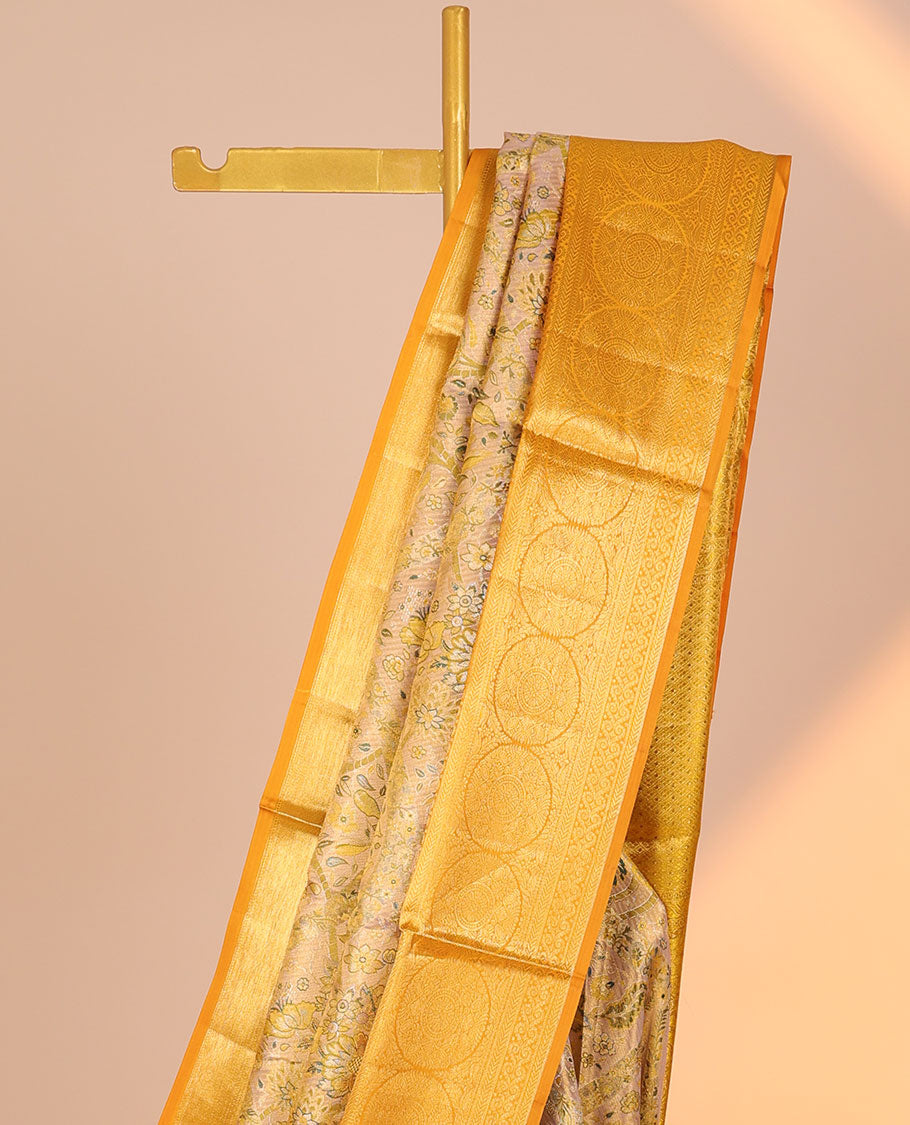 Yellow floral jacquard silk saree, contrast intricate pallu & border of diamond,kathir,mayil kann,jadai nagam & chakram