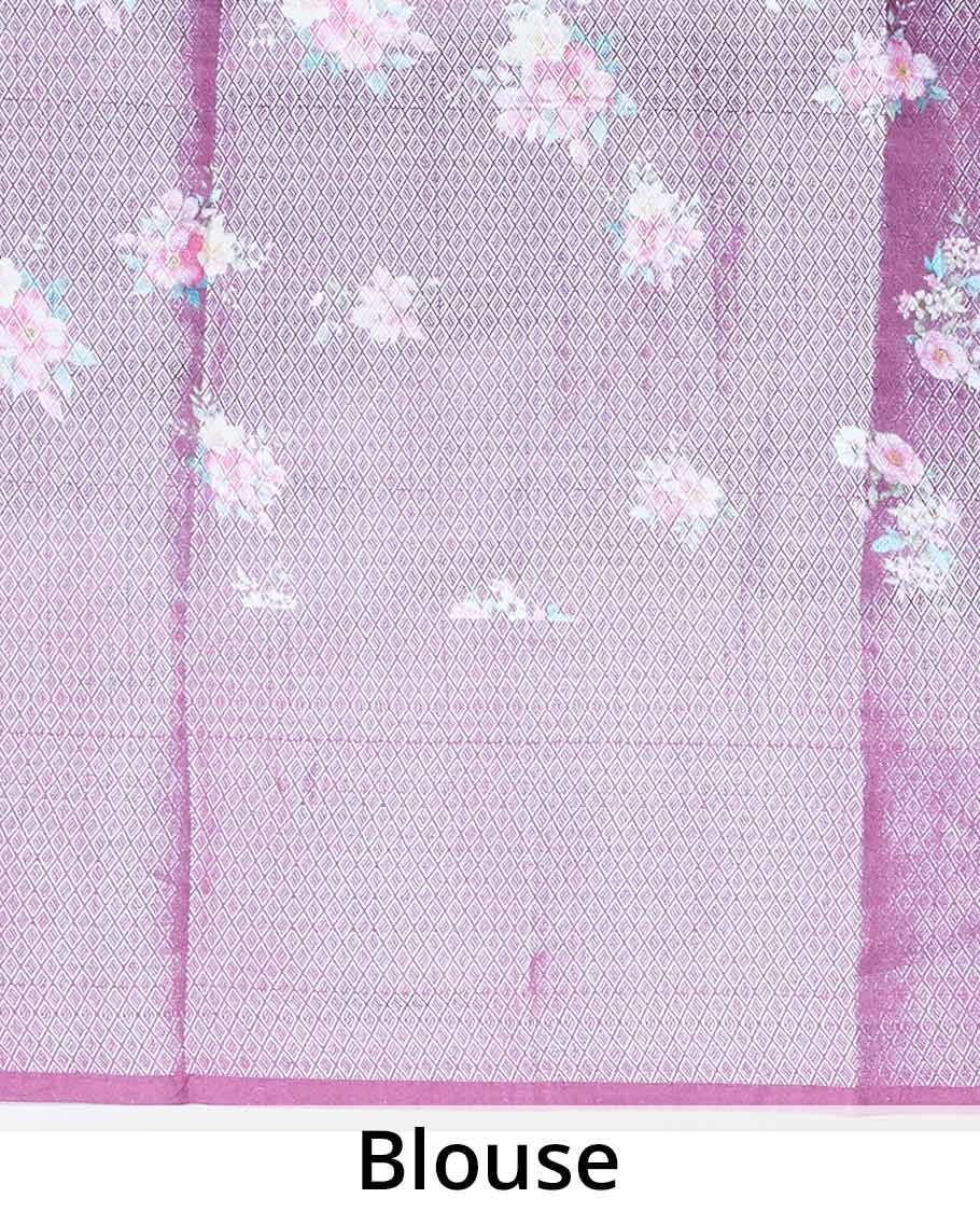 Pale purple colorful floral printed tissue silk saree, zari border steeped with floral designs