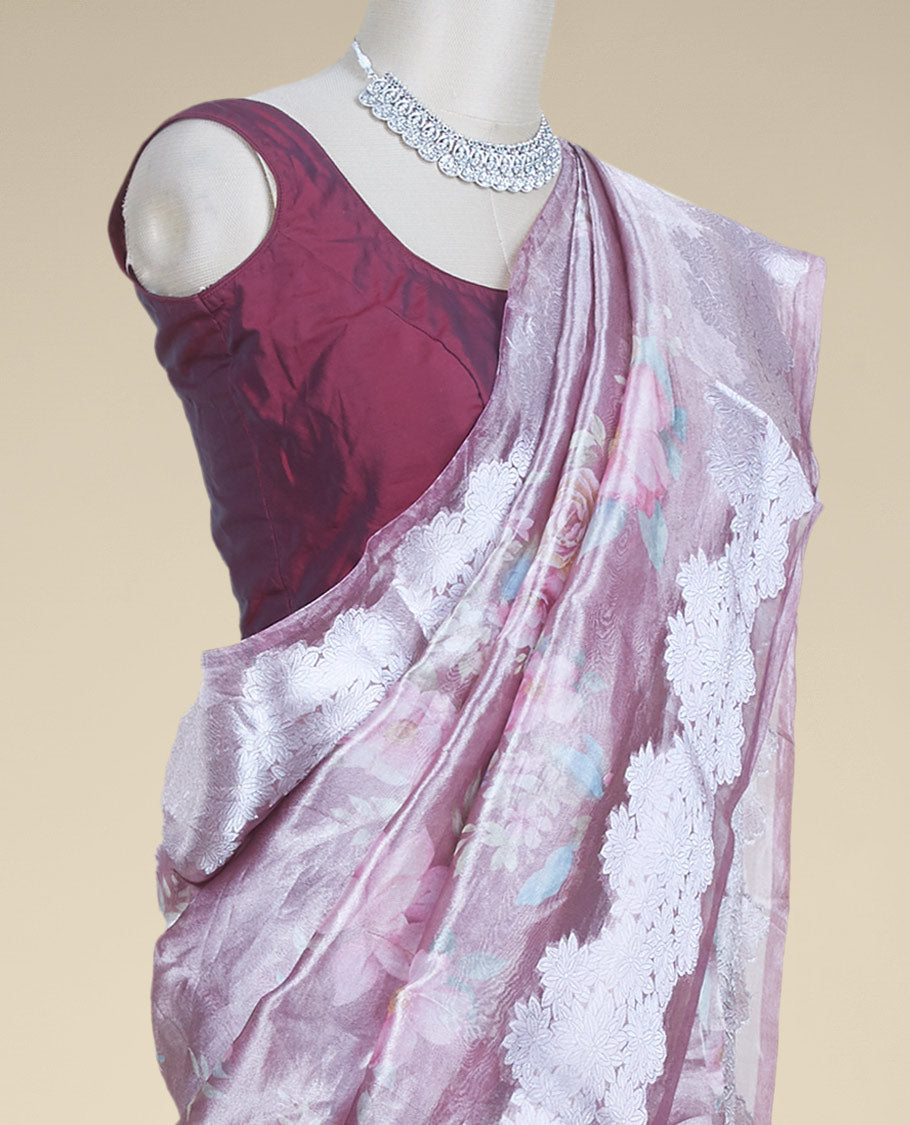 Pale purple colorful floral printed tissue silk saree, zari border steeped with floral designs