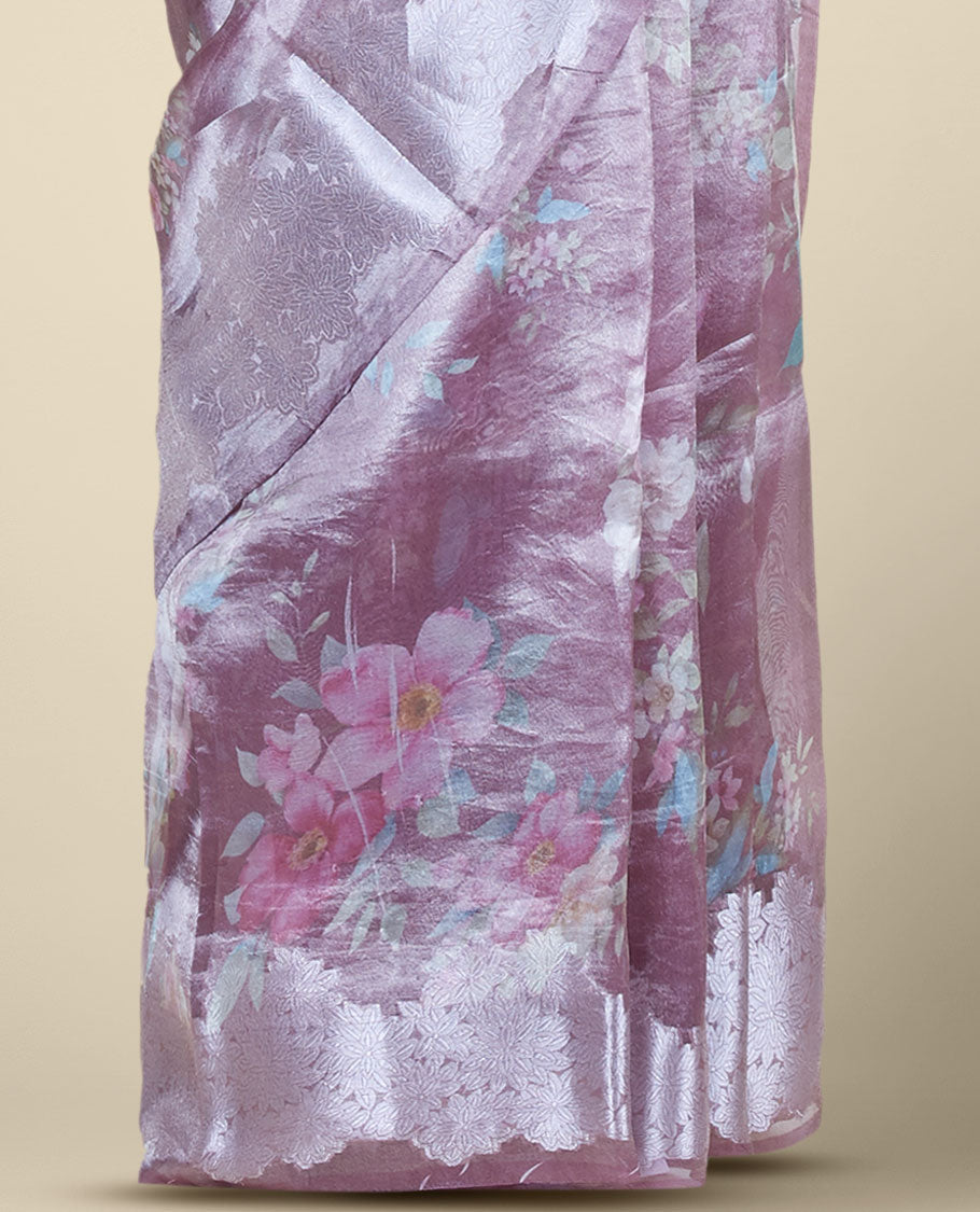Pale purple colorful floral printed tissue silk saree, zari border steeped with floral designs