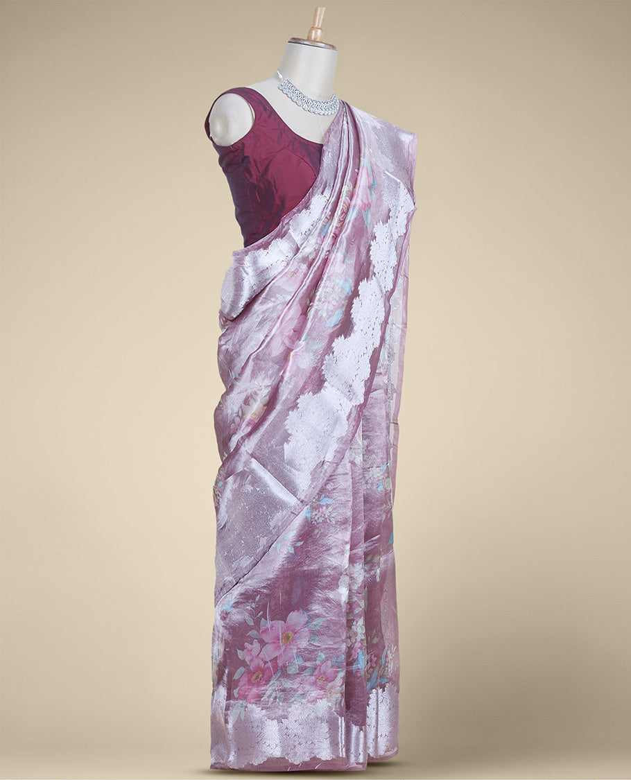 Pale purple colorful floral printed tissue silk saree, zari border steeped with floral designs