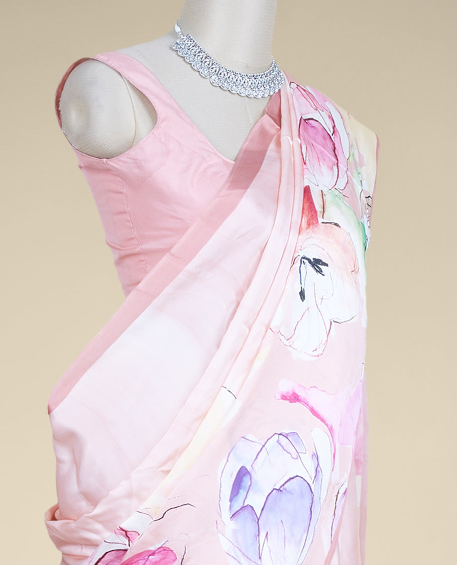 Pink colorful floral motifs digital printed pure satin silk saree