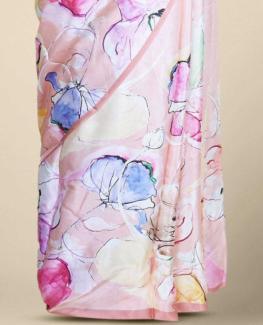 Pink colorful floral motifs digital printed pure satin silk saree