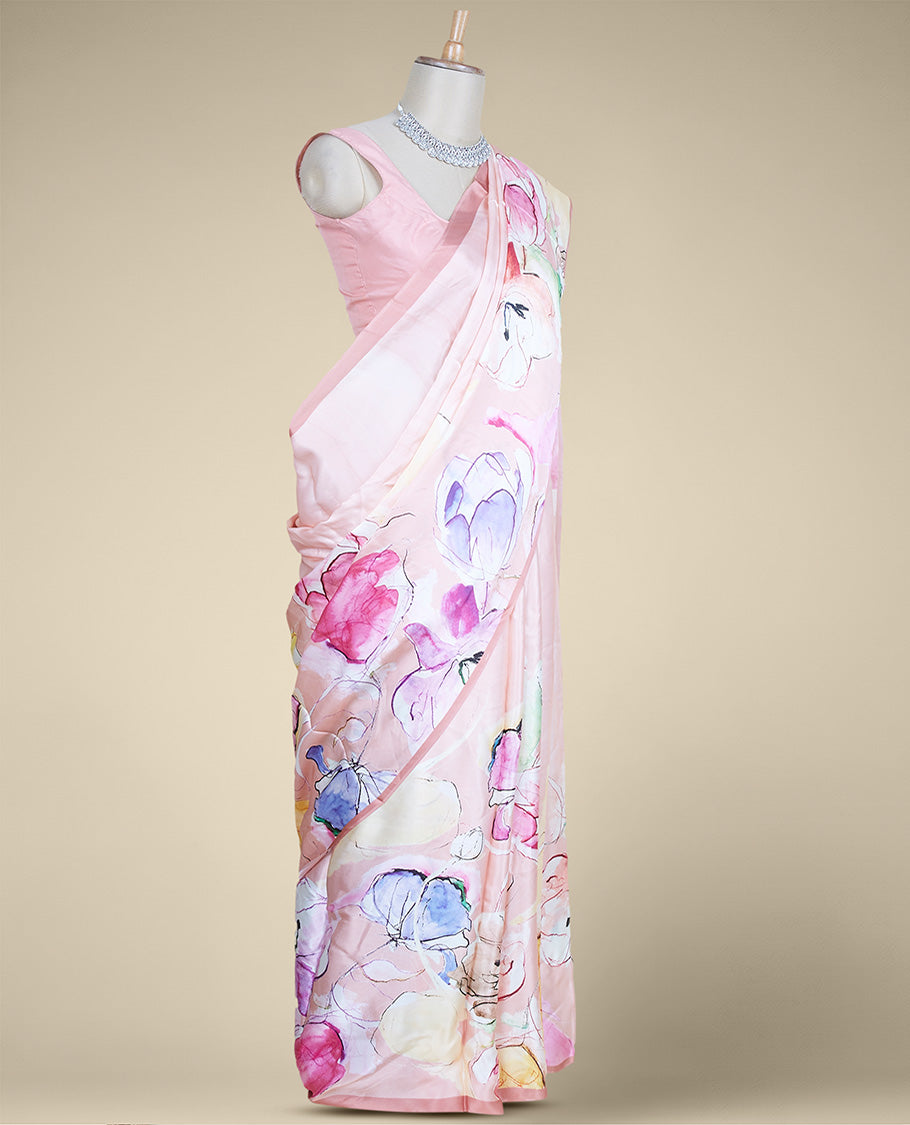 Pink colorful floral motifs digital printed pure satin silk saree