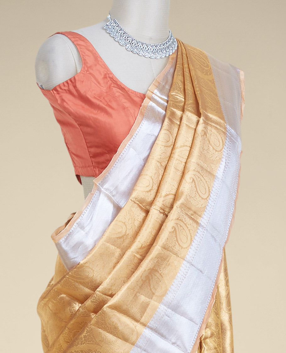Orange paisley jacquard design tissue silk saree, traditional zari design border
