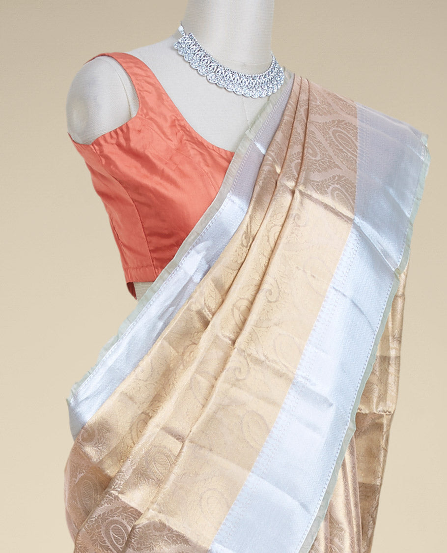 Golden color paisley jacquard design tissue silk saree, traditional zari design border