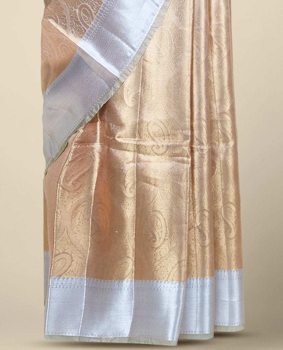 Golden color paisley jacquard design tissue silk saree, traditional zari design border