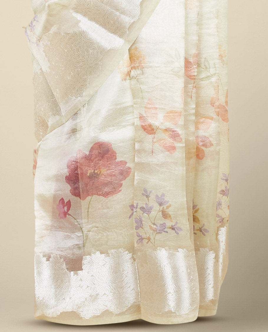 Green colorful floral printed tissue silk saree, zari border steeped with floral designs