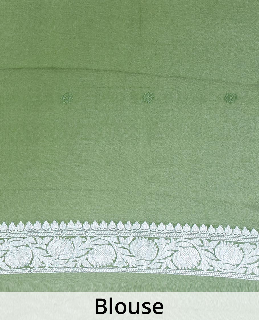 Green banaras georgette saree with buttas, traditional border of floral creeper designs