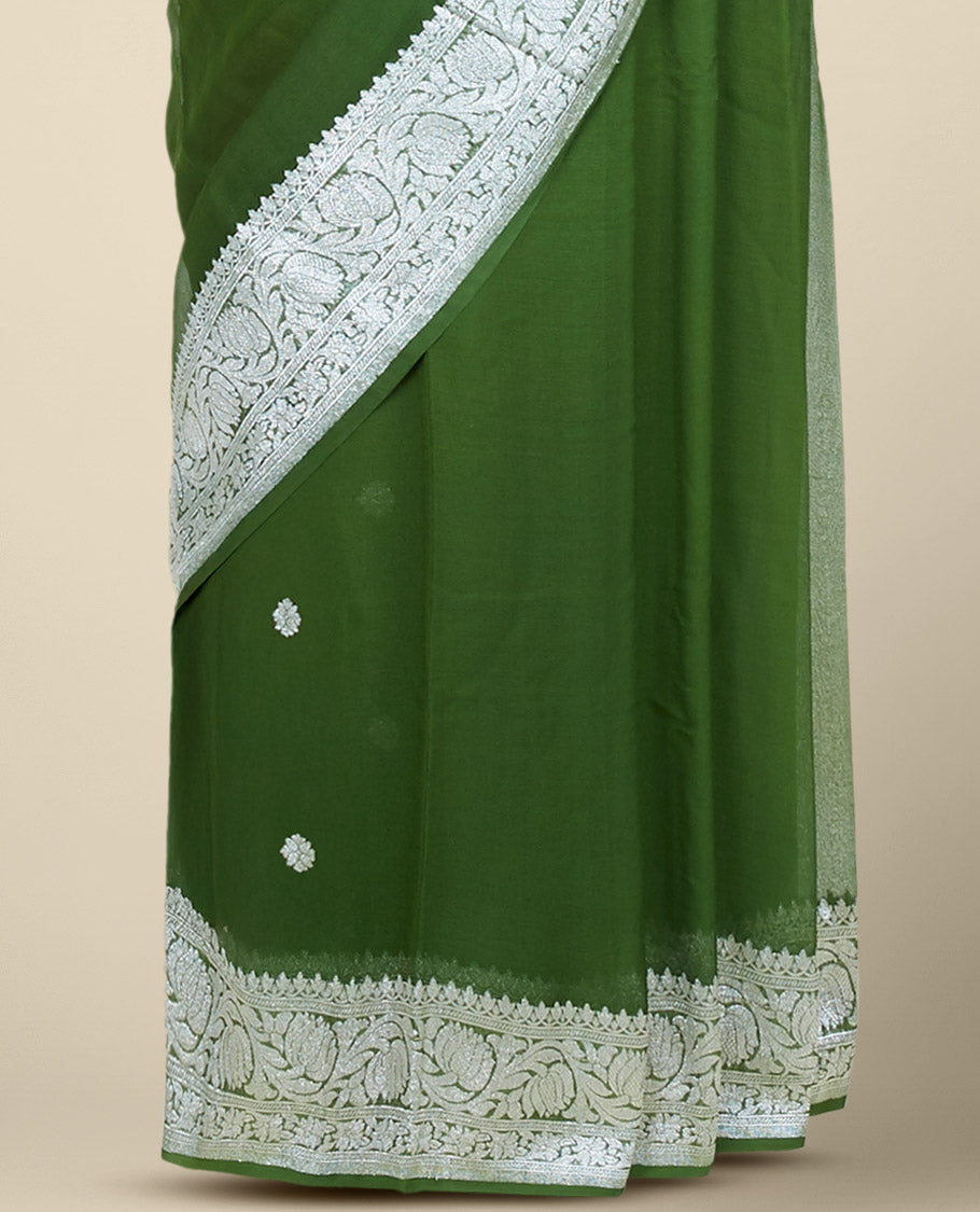 Green banaras georgette saree with buttas, traditional border of floral creeper designs