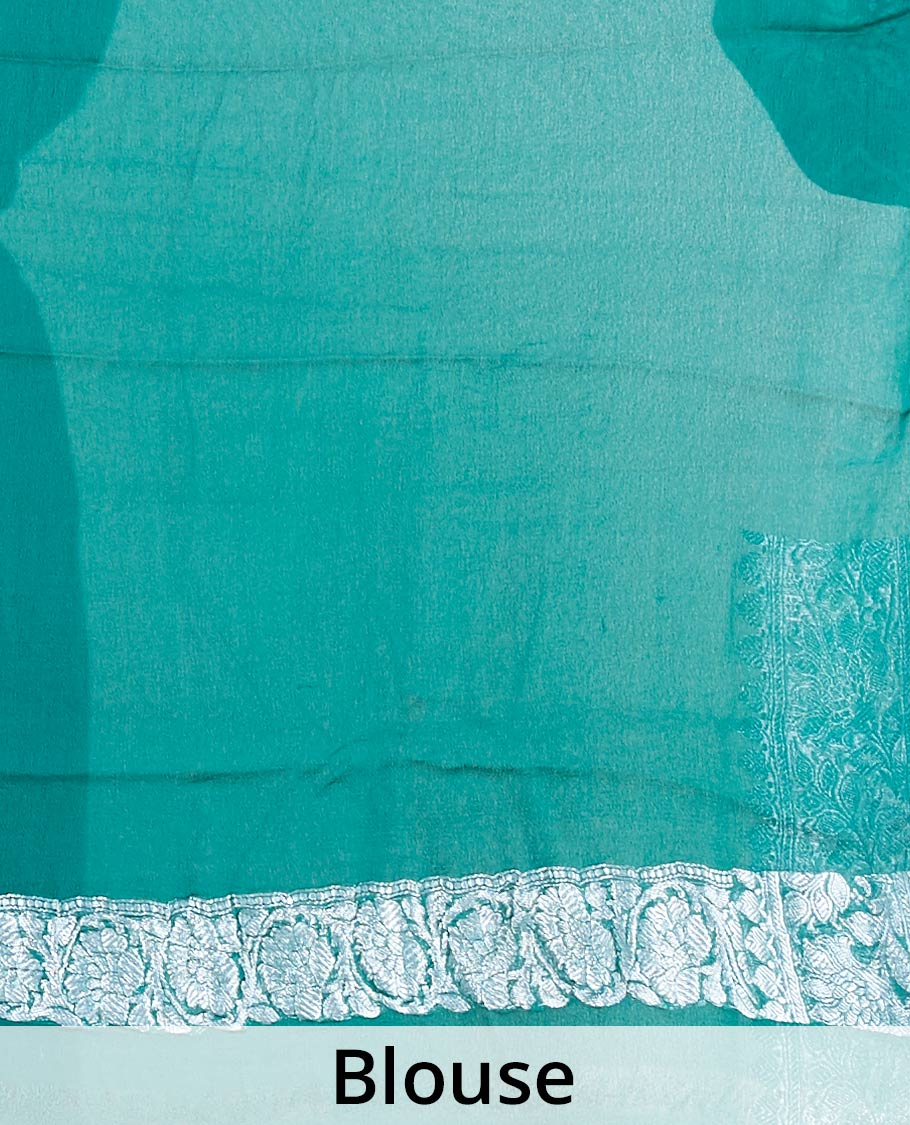 Green banaras georgette saree with buttas, traditional border with floral creeper designs