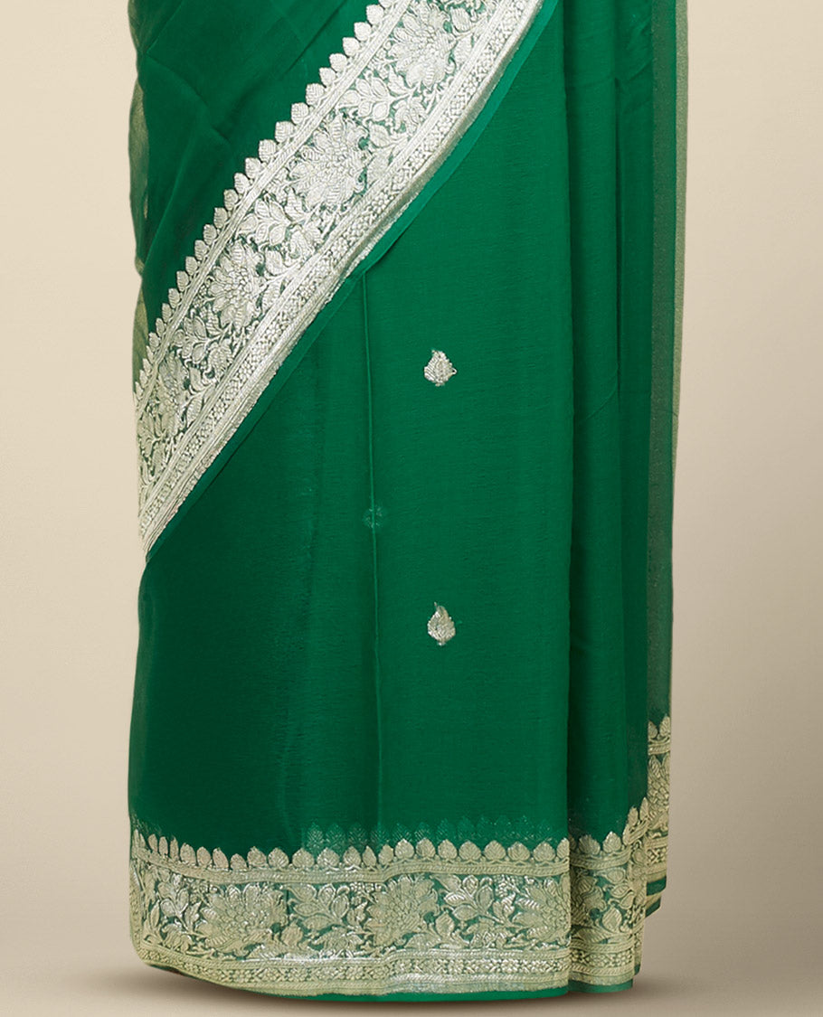 Green banaras georgette saree with buttas, traditional border with floral creeper designs