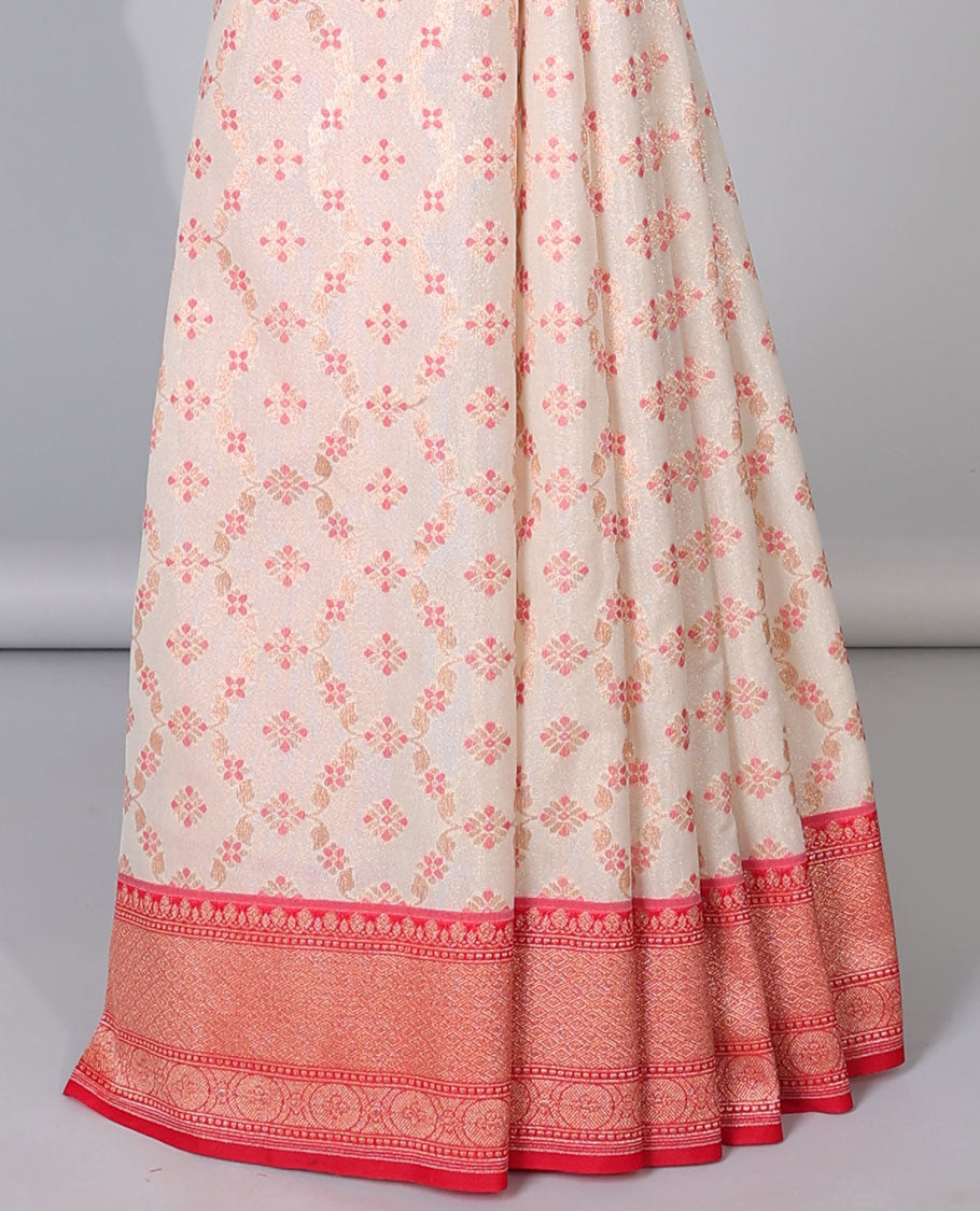 Cream ogee design semi-banaras tissue saree, contrast traditional zari border & intricate pallu