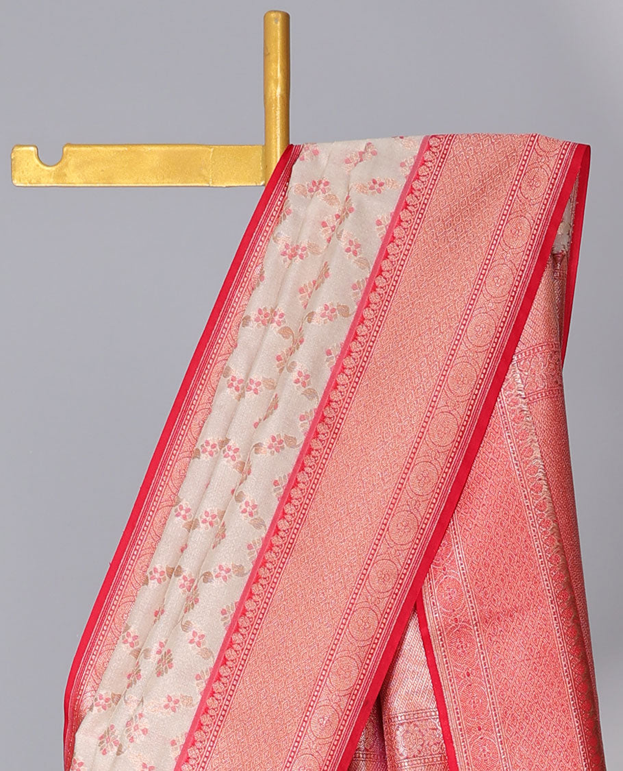 Cream ogee design semi-banaras tissue saree, contrast traditional zari border & intricate pallu