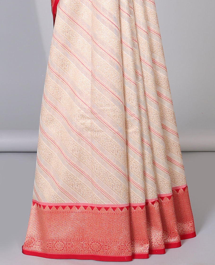 Cream diagonal striped semi-banaras tissue saree, contrast traditional zari border & intricate pallu