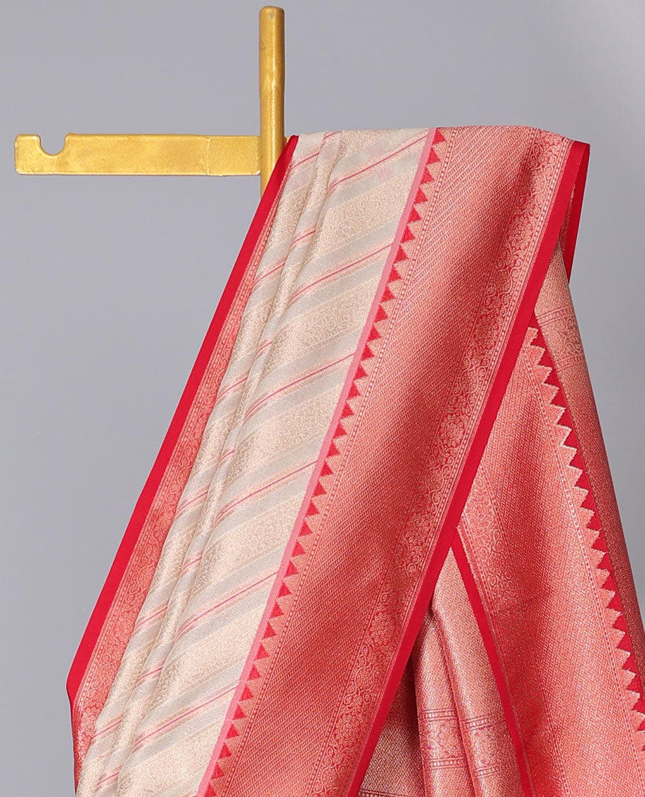 Cream diagonal striped semi-banaras tissue saree, contrast traditional zari border & intricate pallu