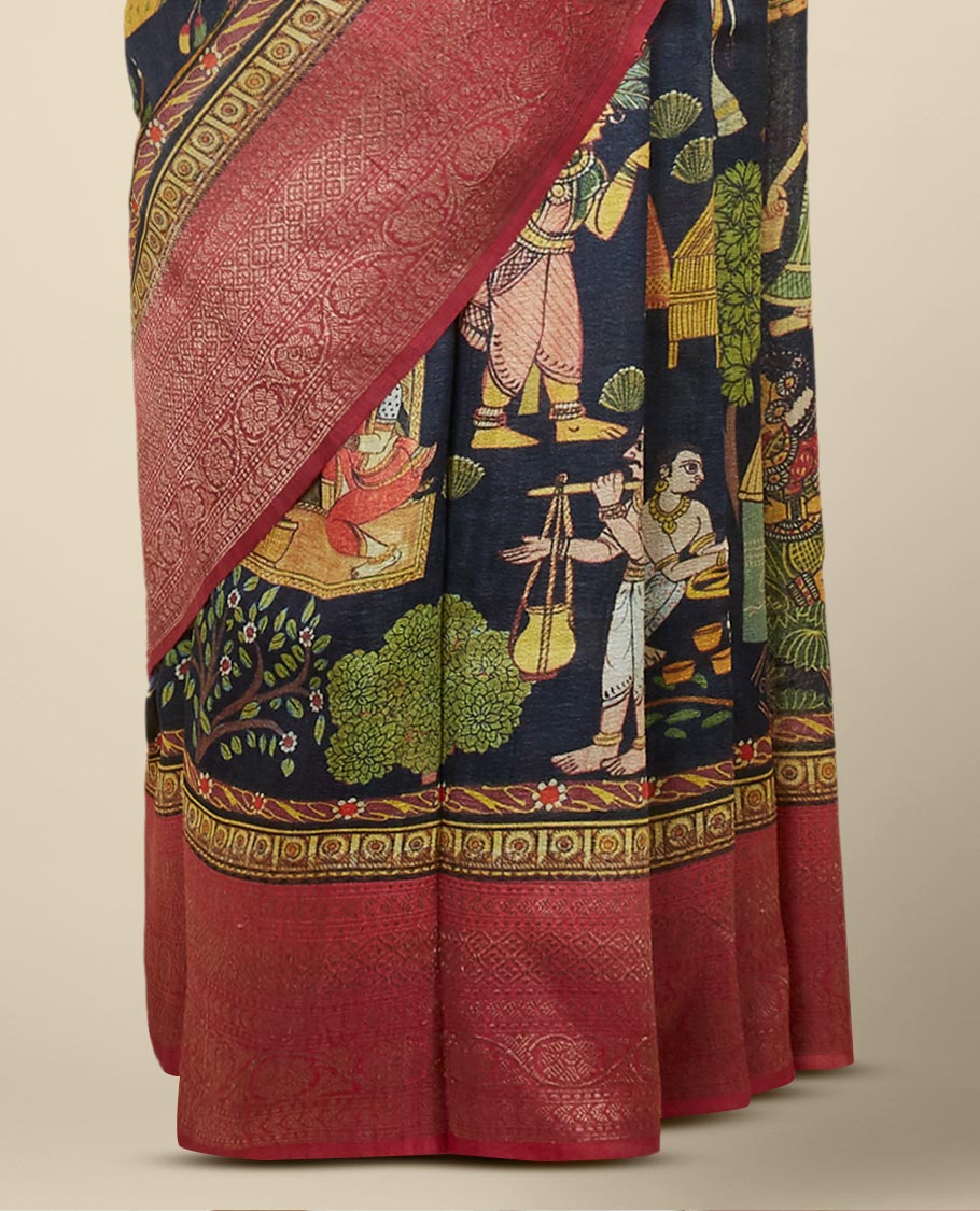 Black village-themed flora and human motifs printed tusser silk saree, contrast zari traditional design border