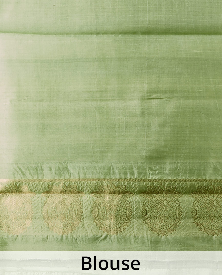 Green banaras raw mango silk saree with zari buttas, contrast border of intricate floral designs