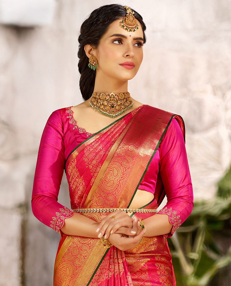 Pink jacquard silk saree, jaal pallu & zari accentuated border of intricate motifs weave