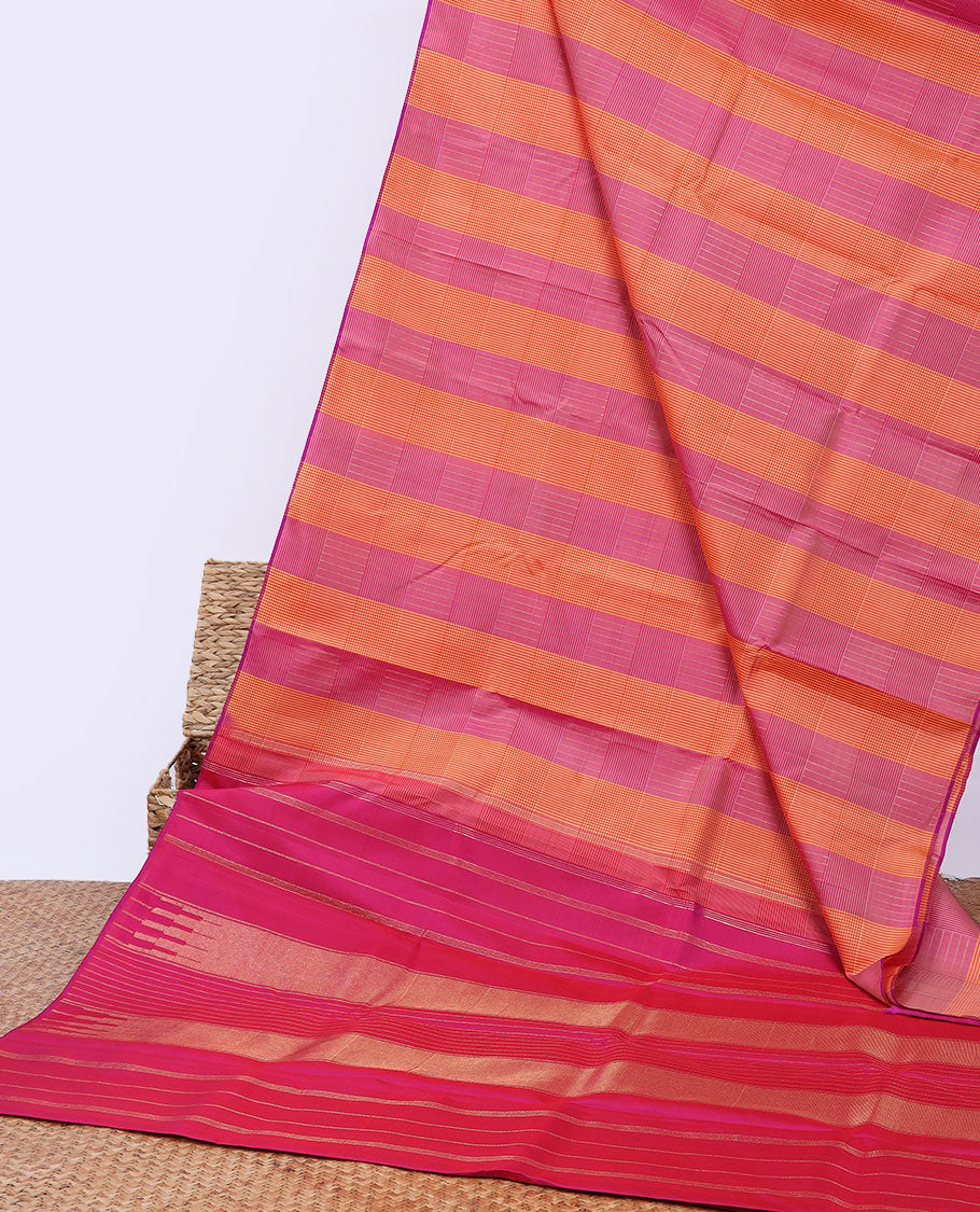 Borderless multi-color checked Kanchipuram silk saree, self-pallu of seppu rekku designs