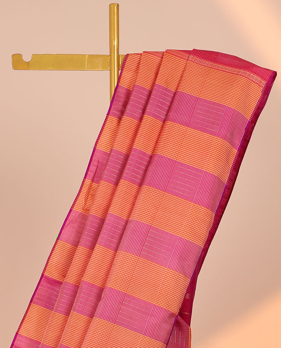 Borderless multi-color checked Kanchipuram silk saree, self-pallu of seppu rekku designs