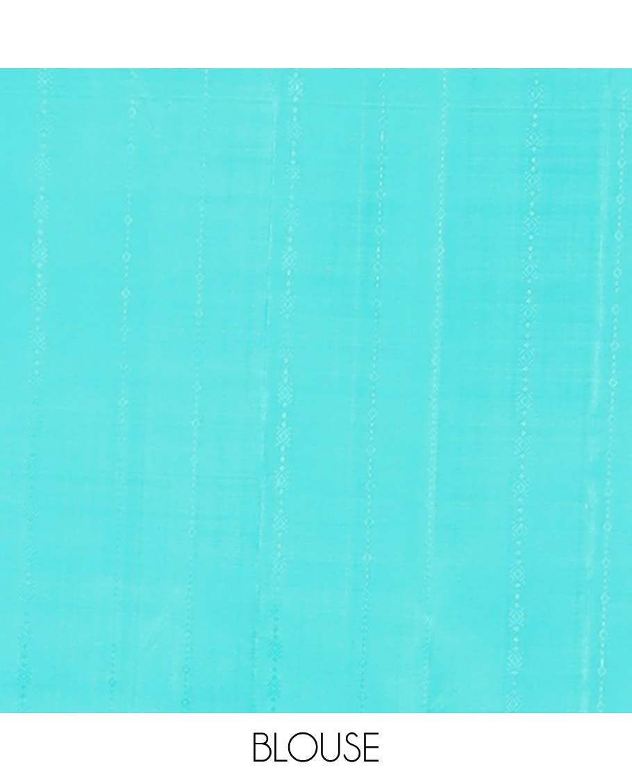 Borderless blue striped & mayil buttas Kanchipuram designer silksaree, contrast pallu of manga mokku & diagonal stripes