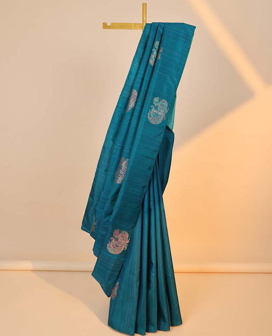 Borderless blue striped & mayil buttas Kanchipuram designer silksaree, contrast pallu of manga mokku & diagonal stripes