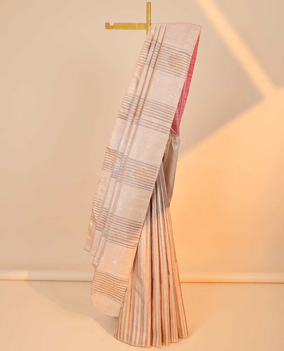 Borderless sandal striped Kanchipuram designer silksaree with zari designs, contrast pallu of jaal designs